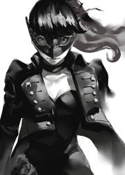 Rule 34 | 1girl, blazpu, breasts, cleavage, floating hair, greyscale, highres, looking at viewer, mask, monochrome, persona, persona 5, persona 5 the royal, ponytail, solo, staring, upper body, white background, yoshizawa kasumi