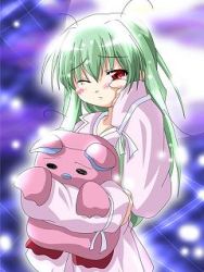 Rule 34 | 00s, 1girl, blue background, blush, blush stickers, broccoli (company), galaxy angel, green hair, holding, holding stuffed toy, long sleeves, looking at viewer, lowres, messy hair, nightgown, normad, one eye closed, qvga, red eyes, rubbing eyes, sleepy, solo, stuffed animal, stuffed toy, upper body, vanilla h