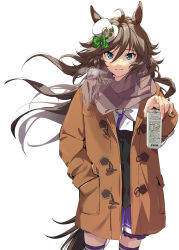 Rule 34 | 1girl, ahoge, animal ears, black vest, bow, breath, brown coat, brown hair, can, closed mouth, coat, commentary request, cowboy shot, floating hair, green eyes, hand in pocket, hat, highres, holding, holding can, horse ears, horse girl, horse tail, long hair, looking at viewer, mini hat, mini top hat, misu kasumi, mr. c.b. (umamusume), outstretched arm, purple skirt, purple thighhighs, scarf, simple background, skirt, smile, solo, split mouth, tail, thighhighs, top hat, twitter username, umamusume, vest, white background, white bow, white hat