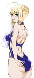 Rule 34 | 1girl, adjusting clothes, adjusting swimsuit, ahoge, artoria pendragon (all), artoria pendragon (fate), ass, blonde hair, blush, braid, breasts, colorized, competition swimsuit, fate/grand order, fate/stay night, fate (series), highres, official alternate costume, one-piece swimsuit, open mouth, saber (fate), shoulder blades, sidelocks, solo, standing, swimsuit, third-party edit, towel, wet, zucchini