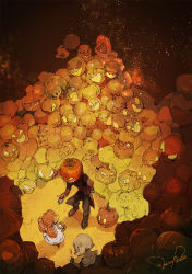 Rule 34 | 1boy, 1girl, candy, child, demizu posuka, dress, food, from above, gloves, halloween, holding, jack-o&#039;-lantern, leaning forward, long hair, looking at another, night, night sky, orange hair, original, outstretched hand, signature, sketch, sky, standing, too many, white gloves
