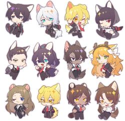Rule 34 | 6+boys, 6+girls, :3, :d, animal ear fluff, animal ears, antlers, arm up, bear ears, beard stubble, black coat, black eyes, black gloves, black hair, black jacket, blonde hair, blue eyes, blunt ends, bow, brown eyes, brown hair, brown hairband, cat ears, cat tail, chest harness, chibi, cigarette, closed mouth, coat, collared shirt, commentary, dark-skinned female, dark-skinned male, dark skin, deer antlers, deer ears, deer tail, dog ears, don quixote (project moon), facial hair, fang, faust (project moon), fevercat, fox ears, fox tail, freckles, glasses, gloves, green eyes, gregor (project moon), grey sweater, hair between eyes, hair bow, hairband, harness, heathcliff (project moon), heterochromia, highres, holding, holding cigarette, hong lu (project moon), horns, id card, ishmael (project moon), jacket, jitome, kemonomimi mode, leg up, limbus company, long hair, long sleeves, looking at viewer, meursault (project moon), multiple boys, multiple girls, necktie, nekomata, one eye closed, open mouth, orange eyes, orange hair, outis (project moon), ponytail, project moon, raccoon ears, raccoon tail, red eyes, red necktie, ribbed sweater, rodion (project moon), ryoshu (project moon), scar, scar on face, shirt, short hair, simple background, sinclair (project moon), smile, standing, standing on one leg, stubble, sweater, tail, triangle mouth, turtleneck, turtleneck sweater, very long hair, white background, white bow, white hair, white shirt, wing collar, wolf ears, wolf tail, yellow eyes, yi sang (project moon)