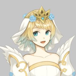 Rule 34 | 1girl, absurdres, bare shoulders, blonde hair, blue eyes, blue hair, crown, dakkalot, dress, earrings, fire emblem, fire emblem heroes, fjorm (fire emblem), gradient hair, hair ornament, highres, jewelry, looking at viewer, multicolored hair, nintendo, open mouth, short hair, simple background, smile, solo