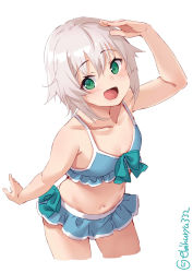 Rule 34 | 1girl, alternate costume, cowboy shot, ebifurya, frilled swimsuit, frills, front-tie top, green eyes, grey hair, highres, kantai collection, messy hair, open mouth, pleated skirt, salute, shimushu (kancolle), short hair, simple background, skirt, smile, solo, swimsuit, twitter username, white background