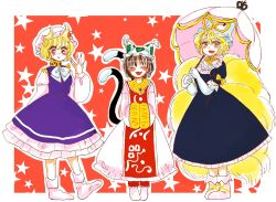 Rule 34 | 3girls, :3, :d, ^ ^, animal hat, blonde hair, bow, bowtie, brown hair, cat tail, chen, chen (cosplay), closed eyes, color switch, cosplay, costume switch, dress, elbow gloves, facing viewer, fang, fingernails, fox tail, frilled hat, frills, gloves, hands in opposite sleeves, hat, komaku juushoku, long sleeves, looking at viewer, mob cap, multiple girls, multiple tails, open mouth, parasol, puffy long sleeves, puffy short sleeves, puffy sleeves, purple dress, red background, sharp fingernails, short hair, short sleeves, smile, star (symbol), starry background, tabard, tail, touhou, two tails, umbrella, white bow, white bowtie, white dress, white gloves, white hat, white legwear, wide sleeves, yakumo ran, yakumo ran (cosplay), yakumo yukari, yakumo yukari (cosplay), yellow eyes