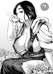 Rule 34 | 1girl, ?, breasts, cleavage, commentary request, cup, drinking, field, freckles, greyscale, highres, holding, holding cup, ichiren takushou, japanese clothes, kimono, large breasts, long hair, monochrome, nipple slip, nipples, original, outdoors, sitting, tasuki