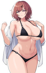 Rule 34 | 1girl, absurdres, alternate breast size, bare shoulders, bikini, black bikini, breasts, brown hair, cleavage, commentary, cowboy shot, curvy, hair ornament, hairclip, hella p, highres, higuchi madoka, idolmaster, idolmaster shiny colors, large breasts, looking at viewer, mole, mole under eye, navel, open clothes, open shirt, purple eyes, short hair, simple background, solo, swept bangs, swimsuit, white background, wide hips