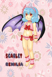 Rule 34 | 1girl, absurdres, ankle cuffs, anklet, barefoot, bat wings, blue hair, bracelet, character name, fang, feet, female focus, flat chest, highres, jewelry, red eyes, remilia scarlet, short hair, smile, solo, takano kiriko, touhou, wings
