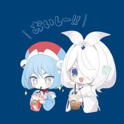 Rule 34 | + +, 1girl, 1other, androgynous, bell, black necktie, blue background, blue eyes, blue gemstone, blue hair, blue shirt, blush, blush stickers, bob cut, chibi, closed mouth, cream, creatures (company), cropped torso, cup, dessert, detached collar, disposable cup, dracovish, drink, drinking, drinking straw, food, frappuccino, frosmoth, game freak, gem, gen 8 pokemon, green ribbon, grey eyes, hair bell, hair ornament, hair over one eye, hair ribbon, hairband, hands up, happy, hat, holding, holding cup, japanese clothes, japanese text, jingle bell, kimono, long sleeves, looking down, medium hair, merlusa, necktie, nintendo, one eye covered, open mouth, pale skin, personification, pokemon, puffy long sleeves, puffy sleeves, red headwear, ribbon, shirt, short hair, short necktie, sidelocks, simple background, smile, sparkle, talking, translated, upper body, v-shaped eyebrows, white hair, white hairband, white kimono, wide-eyed, wide sleeves
