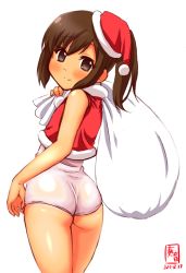 Rule 34 | 1girl, ass, brown eyes, brown hair, cowboy shot, dated, from behind, hat, highres, i-401 (kancolle), kanon (kurogane knights), kantai collection, logo, looking at viewer, looking back, one-piece swimsuit, one-piece tan, ponytail, sack, santa hat, school swimsuit, simple background, smile, solo, swimsuit, swimsuit under clothes, tan, tanline, white background, white one-piece swimsuit, white school swimsuit