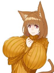 Rule 34 | animal ears, between breasts, breasts, brown hair, cat ears, cat girl, cat tail, closed mouth, crying, glasses, hand up, haruka (muneneko), highres, huge breasts, impossible clothes, long sleeves, looking at viewer, muneneko, orange shirt, orange sweater, original, red eyes, ribbed sweater, shirt, short hair, simple background, sweater, tail, tears, turtleneck, turtleneck sweater, upper body, white background