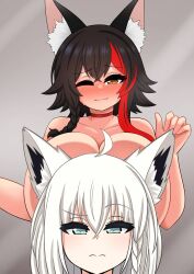 Rule 34 | 2girls, :3, absurdres, animal ears, black hair, blush, braid, breasts, brown eyes, choker, convenient censoring, convenient head, fox ears, fox girl, green eyes, highres, hololive, huge breasts, looking at viewer, multicolored hair, multiple girls, nude, one eye closed, ookami mio, red hair, shirakami fubuki, sweat, the only shoe, virtual youtuber, white hair, wink, wolf ears, wolf girl