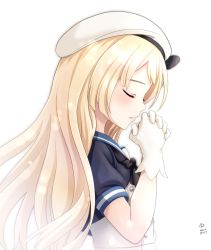 Rule 34 | 1girl, artist name, blonde hair, blue sailor collar, blush, closed eyes, dated, dress, elizabeth ii, from side, gloves, hat, jervis (kancolle), kantai collection, long hair, open mouth, own hands clasped, own hands together, praying, sailor collar, sailor dress, sailor hat, short sleeves, signature, simple background, solo, tk8d32, upper body, white background, white dress, white gloves, white hat