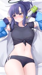Rule 34 | 1girl, absurdres, arms up, bed sheet, black buruma, black shirt, blue archive, blue eyes, blue hair, blue jacket, blush, bottle, breasts, buruma, crop top, daran9, embarrassed, front-tie top, halo, highres, holding, id card, jacket, large breasts, long hair, long sleeves, looking to the side, lying, midriff, navel, off shoulder, official alternate costume, on back, open clothes, open jacket, ponytail, shirt, short sleeves, sidelocks, solo, star (symbol), stomach, thighs, water bottle, yuuka (blue archive), yuuka (track) (blue archive)