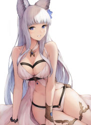Rule 34 | 1girl, animal ears, bad id, bad pixiv id, bare shoulders, blue eyes, blunt bangs, bracelet, breasts, cleavage, commentary request, erune, female focus, flower, granblue fantasy, hair flower, hair ornament, highres, jewelry, koretsuki azuma, korwa, korwa (summer) (granblue fantasy), large breasts, long hair, looking at viewer, necklace, parted lips, sidelocks, simple background, sitting, smile, solo, teeth, thighlet, white background