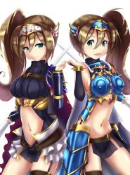 Rule 34 | 2girls, :d, armor, black skirt, bracelet, breasts, brown hair, garter straps, green eyes, hand up, headband, jewelry, kanpani girls, long hair, looking at viewer, medium breasts, midriff, multiple girls, myuria yugent, ninnnninto21, open mouth, ribbed sweater, side ponytail, skirt, smile, spiked bracelet, spikes, standing, sweater