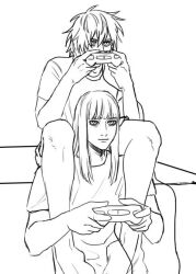 Rule 34 | 2boys, blunt bangs, canute, closed mouth, controller, covered mouth, holding, holding controller, male focus, march tai, monochrome, multiple boys, playing games, sidelocks, sitting, sitting on person, sitting on shoulder, thorfinn, video game, vinland saga