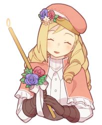 Rule 34 | 1boy, beret, blonde hair, blue flower, blue rose, brown gloves, candle, capelet, closed eyes, drill hair, eyelashes, fire emblem, fire emblem fates, flower, forrest (fire emblem), frilled capelet, frills, gloves, haconeri, hat, hat flower, long hair, male focus, nintendo, open mouth, pink capelet, pink hat, red flower, red rose, rose, simple background, smile, solo, trap, upper body, white background