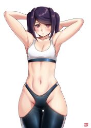 Rule 34 | 1girl, armpits, arms behind head, arms up, black leggings, breasts, double vertical stripe, finalcake, highres, hip vent, jill stingray, leggings, long hair, looking at viewer, navel, purple hair, red eyes, sidelocks, small breasts, solo, sports bra, twintails, va-11 hall-a, white sports bra