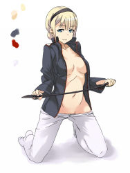 Rule 34 | 1girl, blonde hair, blue eyes, braid, breasts, cleavage, clothes pull, collarbone, color guide, groin, hairband, kneeling, long sleeves, looking at viewer, military, military uniform, navel, no bra, open clothes, pantyhose, pantyhose pull, rosalie de hemricourt de grunne, short hair, smile, solo, strike witches, uniform, uno ichi, white pantyhose, world witches series