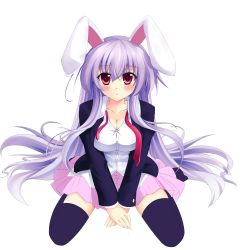 Rule 34 | 1girl, absurdres, animal ears, bad id, bad pixiv id, black thighhighs, breasts, cleavage, dress shirt, female focus, full body, highres, kazami chiu, light purple hair, long hair, medium breasts, rabbit ears, red eyes, reisen udongein inaba, shirt, sitting, skirt, solo, thighhighs, touhou, transparent background, v arms, very long hair, wariza