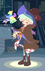 Rule 34 | 1girl, animated, black cloak, black footwear, black hat, boots, cloak, closed eyes, dress, female focus, glowing, green hair, hair blowing, hat, highres, indoors, interior, looping animation, magic, multicolored hair, nail polish, original, own hands together, pink hair, pink nails, platform footwear, purple hair, short hair with long locks, solo, standing, star (symbol), takarai shunsuke, talking, video, wind, window, witch, witch hat