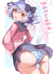 Rule 34 | 1boy, absurdres, artist request, ass, blush, bow, bulge, crossdressing, dog tail, fang, from behind, hair bow, hair ornament, highres, huge ass, inuyama tamaki, long hair, looking at viewer, looking back, miniskirt, noripro, open mouth, panties, red eyes, school uniform, shiny skin, silver hair, skirt, smile, solo, striped clothes, striped panties, tail, thighhighs, trap, twintails, underwear, virtual youtuber