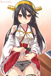 Rule 34 | 10s, 1girl, bare shoulders, black hair, blush, bow, bow panties, breasts, brown eyes, clothes lift, dazzle paint, detached sleeves, flying sweatdrops, hair between eyes, hair ornament, hairband, hairclip, haruna (kancolle), headgear, japanese clothes, kantai collection, lace, lace-trimmed panties, lace trim, lifting own clothes, long hair, looking at viewer, medium breasts, nontraditional miko, open mouth, panties, pantyshot, red skirt, ribbon-trimmed sleeves, ribbon trim, skirt, skirt lift, solo, striped clothes, striped panties, torimaru, twitter username, underwear, vertical-striped clothes, vertical-striped panties, wide sleeves