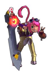 Rule 34 | 3d, animal ears, bag, blade kitten, boots, cat ears, elbow gloves, fingerless gloves, gloves, goggles, green eyes, grin, kit ballard, knee pads, leaning forward, official art, one eye closed, peace, pink hair, satchel, short hair, simple background, smile, sword, tail, thigh boots, thighhighs, weapon, wink