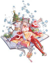 Rule 34 | 1girl, antlers, artist request, bell, book, box, breasts, carrot, christmas, christmas tree, dress, game cg, gift, gift box, hair ornament, hat, highres, holly, holly hair ornament, horns, light brown hair, looking at viewer, mahjong soul, medium breasts, official art, open book, open mouth, ribbon, santa costume, simple background, sitting, smile, snow, snowflakes, snowman, star (symbol), thighhighs, third-party source, toeless footwear, top hat, transparent background, tree, yellow dress, yellow eyes, yellow ribbon, yostar