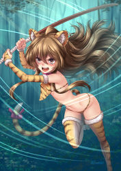 Rule 34 | 1girl, adsouto, aisaka taiga, animal ears, animal print, artist name, bikini, blush, bokken, bow, breasts, bridal gauntlets, brown eyes, brown hair, cat ears, cat tail, day, elbow gloves, facing viewer, fur trim, gloves, highres, long hair, motion lines, navel, open mouth, outdoors, pink bow, running, small breasts, solo, swimsuit, sword, tail, thighhighs, tiger ears, tiger print, tiger tail, toradora!, weapon, wooden sword