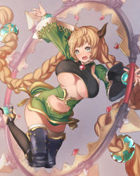 Rule 34 | 10s, 1girl, :d, aqua eyes, arm up, armor, bad id, bad pixiv id, blue eyes, blush, bouncing breasts, bracelet, braid, breasts, breasts apart, brooch, brown hair, carmelina (granblue fantasy), chakram, clothing cutout, draph, dress, fang, female focus, full body, granblue fantasy, grey background, hair ornament, high heels, horns, huge weapon, jewelry, jumping, large breasts, long hair, long sleeves, looking at viewer, navel, navel cutout, open mouth, outstretched arm, short dress, side slit, sideboob, simple background, skirt, smile, solo, taut clothes, thighhighs, turtleneck, twin braids, underboob, underboob cutout, very long hair, weapon, wide sleeves, yaman (yamanta lov)