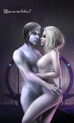 Rule 34 | 1boy, 1girl, absurdres, ass grab, awoken, bangs pinned back, black hair, blue skin, breasts, brother and sister, colored skin, cowboy shot, crow (destiny), destiny (game), destiny 2, eye contact, highres, holding, hug, incest, looking at another, mara sov, mutual hug, nude, siblings, small breasts, standing, uldren sov, white hair, white skin