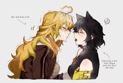 Rule 34 | 2girls, ?, ahoge, animal ears, black hair, black shirt, blake belladonna, blonde hair, blush, brown jacket, cat ears, closed eyes, commentary, english commentary, english text, from side, grey background, highres, hiru315, imminent kiss, jacket, long hair, mechanical arms, medium hair, multiple girls, pursed lips, rwby, shirt, simple background, single mechanical arm, sleeveless, sleeveless shirt, spoken question mark, sweat, tongue, tongue out, trembling, upper body, yang xiao long, yuri