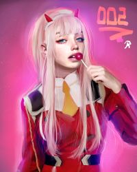 Rule 34 | 1girl, bad id, bad pixiv id, candy, clothing request, commentary request, darling in the franxx, dress, ears visible through hair, eyebrows, food, green eyes, headgear, highres, holding, horns, lollipop, long hair, looking at viewer, marthhh, necktie, open mouth, pink background, pink hair, red dress, red horns, signature, simple background, solo, teeth, yellow necktie, zero two (darling in the franxx)