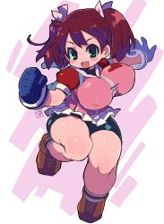 Rule 34 | 1girl, :d, absurdres, bike shorts, blue gloves, blush stickers, breasts, brown hair, covered erect nipples, full body, gloves, green eyes, green shorts, highres, large breasts, looking at viewer, open mouth, pink shirt, puffy short sleeves, puffy sleeves, saru getchu, sayaka (saru getchu), shirt, shoes, short sleeves, shorts, shortstack, signature, smile, solo, twintails, zankuro
