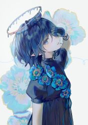 Rule 34 | absurdres, ani 019, blue flower, blue hair, blue halo, blue theme, dress, earrings, floral background, flower, flower on chest, flower ornament, gloves, halo, hand on own face, high collar, highres, hololive, hololive english, jewelry, liquid halo, long dress, looking at viewer, meconopsis (ninomae ina&#039;nis), melting halo, mole, mole under eye, ninomae ina&#039;nis, official alternate costume, official alternate hairstyle, parted lips, pleated dress, puffy short sleeves, puffy sleeves, short hair, short sleeves, single earring, upper body, virtual youtuber