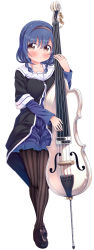 Rule 34 | 1girl, absurdres, black footwear, blue hair, blush, breasts, brown eyes, cello, closed mouth, full body, furutani himawari, hairband, highres, instrument, large breasts, looking at viewer, pantyhose, smile, solo, striped clothes, striped pantyhose, swept bangs, takahero, vertical-striped clothes, vertical-striped pantyhose, yuru yuri