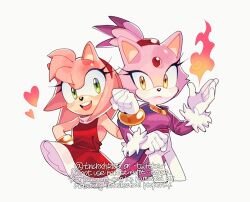Rule 34 | 2girls, amy rose, animal ears, animal nose, bare shoulders, blaze the cat, blush, bracelet, breasts, cat ears, cat girl, closed mouth, commentary, dress, eyelashes, fire, forehead jewel, fur-trimmed sleeves, fur trim, furry, furry female, gem, gloves, gold bracelet, hairband, hand on own hip, hand up, heart, hedgehog ears, hedgehog girl, jacket, jewelry, long sleeves, looking at another, looking at viewer, medium breasts, multiple girls, open mouth, pants, pink fur, purple fur, purple jacket, red dress, red gemstone, red hairband, simple background, sleeveless, sleeveless dress, smile, sonic (series), standing, sucho, symbol-only commentary, teeth, tongue, topknot, twitter username, watermark, white background, white gloves, white pants, yellow eyes