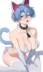 Rule 34 | 1girl, animal ears, aochoku, bare shoulders, between legs, bikini, blue eyes, blush, breasts, cat ears, cat tail, cleavage, collar, collarbone, earrings, fake animal ears, glasses, hairband, half-closed eyes, halterneck, hand between legs, highres, jewelry, large breasts, looking at viewer, no shoes, open mouth, original, parted bangs, round eyewear, short hair, side-tie bikini bottom, simple background, sitting, solo, string bikini, stud earrings, swimsuit, tail, thighhighs, tongue, wariza, white background, white bikini, white thighhighs