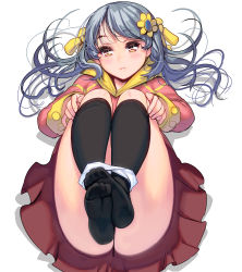 Rule 34 | 1girl, ass, black socks, blue hair, blush, convenient censoring, feet, flower, hair flower, hair ornament, highres, kneehighs, knees to chest, kouno (masao), legs together, legs up, long hair, long legs, long sleeves, lying, no shoes, on back, original, panties, panties around ankles, panty pull, pleated skirt, red eyes, revision, skirt, socks, soles, solo, underwear, white background, white panties