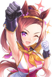 Rule 34 | 1girl, ;d, animal ears, arm up, armpits, asymmetrical gloves, black gloves, blush, breasts, brown hair, clenched hands, commentary request, epaulettes, gloves, highres, horse ears, horse girl, horse tail, large breasts, long hair, looking at viewer, mismatched gloves, one eye closed, open mouth, ponytail, purple eyes, sakura bakushin o (umamusume), simple background, smile, solo, tail, tomo (tmtm mf mf), umamusume, white background, white gloves
