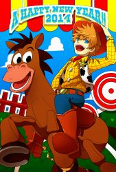 Rule 34 | 1boy, a5 arashi, blonde hair, blue eyes, boots, bullseye, bullseye (toy story), cosplay, cowboy boots, cowboy hat, disney, hat, horse, kingdom hearts, male focus, outdoors, roxas, sheriff badge, sheriff woody, sheriff woody (cosplay), toy story