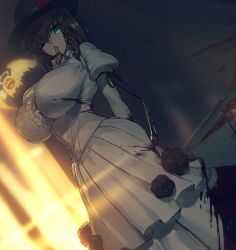 Rule 34 | 1girl, blood, blood on clothes, bloody weapon, braid, breasts, brown hair, charlotte corday (fate), charlotte corday (third ascension) (fate), dress, fate/grand order, fate (series), finger to mouth, flower, green eyes, hat, hat flower, huge breasts, juliet sleeves, knife, long dress, long sleeves, melon22, one eye closed, puffy sleeves, shushing, solo, weapon