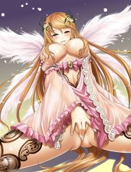 Rule 34 | 1girl, aigis (sennen sensou aigis), ass, blush, breasts, brown eyes, brown hair, cleavage, covering privates, covering crotch, frilled sleeves, frills, gradient background, hair censor, hair over breasts, highres, large breasts, long hair, looking at viewer, multiple wings, open mouth, parted lips, partially visible vulva, pussy, sennen sensou aigis, silhouette, smile, solo, spread legs, swept bangs, tsubakiyama parry, very long hair, white wings, wide sleeves, wings