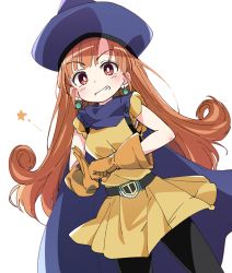 Rule 34 | 1girl, alena (dq4), belt, black pantyhose, blue cape, blue hat, blunt bangs, blush, cape, clenched teeth, curly hair, dragon quest, dragon quest iv, earrings, gloves, hat, ixy, jewelry, long hair, looking at viewer, orange gloves, orange hair, pantyhose, red eyes, simple background, skirt, smile, solo, star (symbol), teeth, white background, yellow skirt