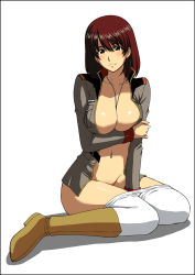 Rule 34 | 1girl, between breasts, between thighs, blush, boots, breast rest, breasts, brown hair, clothes pull, gundam, gundam lost war chronicles, jewelry, kitahara aki, large breasts, military, military uniform, necklace, noel anderson, open clothes, open shirt, pantyhose, pantyhose pull, shirt, solo, thighs, uniform