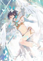 Rule 34 | 1boy, absurdres, bare shoulders, black hair, blue hair, braid, bridal gauntlets, capelet, chest tattoo, chinese commentary, closed eyes, closed mouth, commentary request, crop top, feathered wings, flower, genshin impact, gradient hair, groin, hair between eyes, hair flower, hair ornament, highres, hood, hood down, hooded capelet, leg tattoo, m11 (csmz4223), male focus, midriff, multicolored hair, navel, official alternate costume, shirt, short hair with long locks, short shorts, shorts, side braids, sidelocks, single thighhigh, sitting, sleeveless, sleeveless shirt, smile, solo, tattoo, thighhighs, twin braids, venti (archon) (genshin impact), venti (genshin impact), white capelet, white flower, white shirt, white shorts, white wings, wings