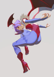Rule 34 | 1girl, ass, back, bat wings, demon girl, from behind, head wings, high heels, highres, leotard, lilith aensland, lipstick, looking at viewer, makeup, open mouth, pantyhose, print pantyhose, purple hair, red eyes, red leotard, short hair, simple background, skin tight, solo, timbougami, vampire (game), wings