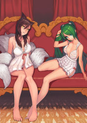 Rule 34 | 2girls, ahri (league of legends), animal ears, babydoll, bare legs, bare shoulders, barefoot, black hair, breasts, cleavage, foreshortening, fox ears, fox tail, green eyes, green hair, large breasts, league of legends, lingerie, long hair, multiple girls, multiple tails, panties, sitting, smile, sona (league of legends), tail, thigh gap, two side up, underwear, very long hair, white panties, yellow eyes, yuksi